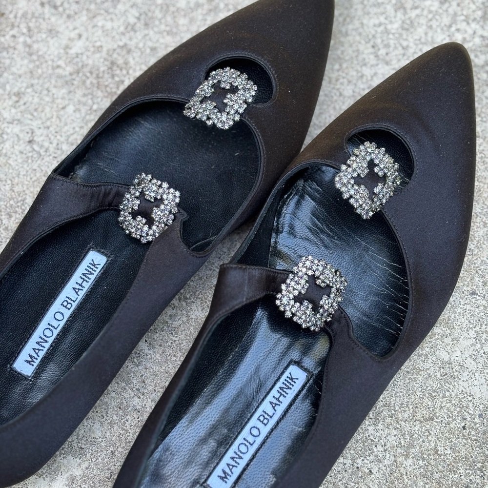 Manolo Blahnik Black Flats with Crystal Embellishments